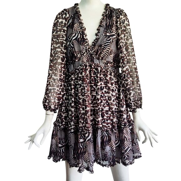 BETSEY JOHNSON All Over Animal Zebra Print Chiffon Flounce Hem Babydoll Dress S - Picture 1 of 12